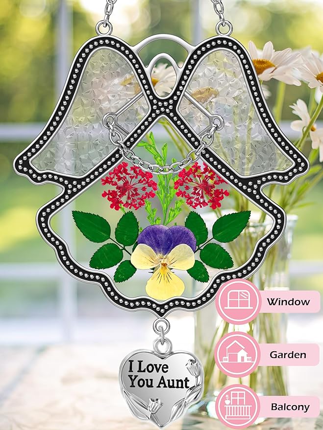 KY&BOSAM Angel Suncatcher I Love You Aunt Stained Glass Panels Suncatchers for Windows Wind Chime with Pressed Flower Glass and Metal Heart Charm Birthdays Gifts for Aunt Mothers Day Garden Decor