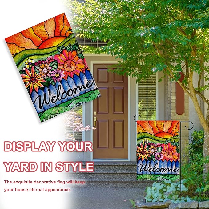 Home Decorative Welcome Spring Watercolor Flowers Garden Flag, Summer Sunshine House Yard Abstract Floral Outside Decorations, Sunrise Farmhouse Seasonal Outdoor Small Decor Double Sided 12x18