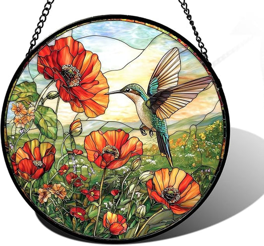 DASTOLL Stained Glass Window Hanging, Hummingbirds Orange Flowers Suncatcher Diamond Glass Panel Hangings Sun Catchers Decor for Birthday for Women, Men, Wife, Aunt, and Mom 6.3 in