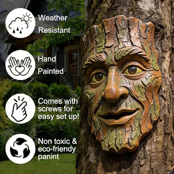 Whimsical Tree Face Outdoor Statues Garden Decoration, Old Man Resin Statue Outdoor Tree Hugger for Yard Art, Trees Decorations Outdoor Wallmounted Statue