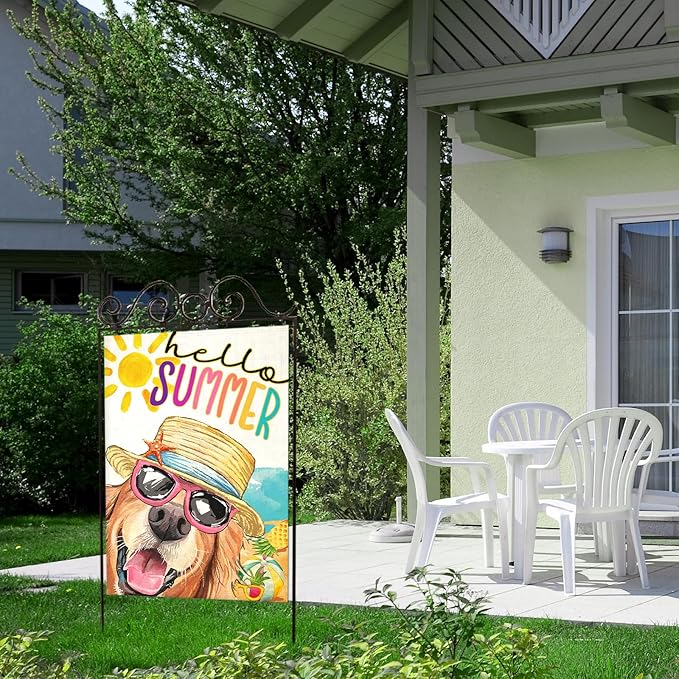 Hello Summer House Flags for Outdoor Decoration, Dog with Sunglass Beach Sun Hat Large Yard Flag, Seasonal Decorative Celebration Decor for Spring Farmhouse Holiday Outside 28x40 Inch Vertical Double Sided