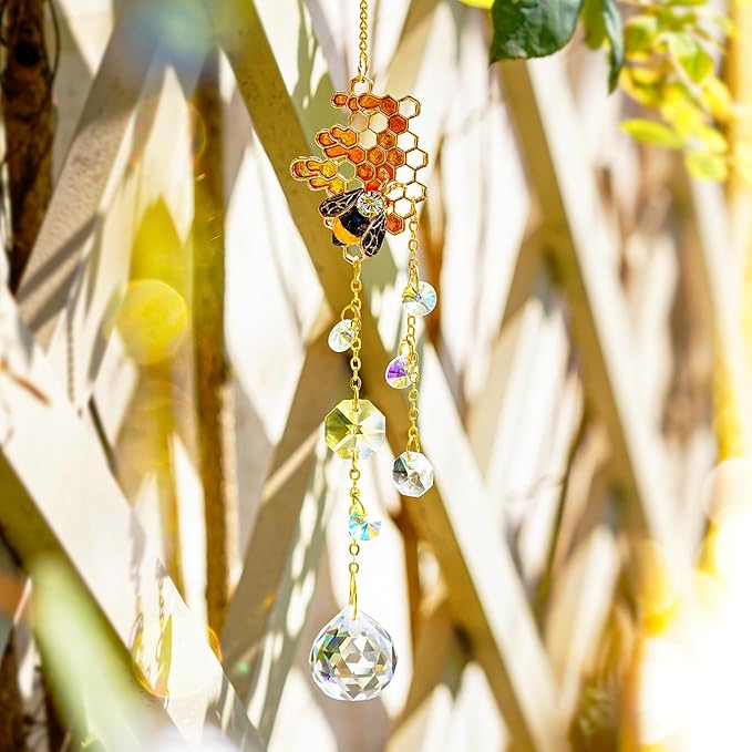 H&D HYALINE & DORA 3 Pack Sun Catcher Crystal Honeycomb Bee Ornaments Crystals Bumblebee Honeycomb with Glass Prisms Decor Garden Suncatcher Window Hanging Gifts for Women,Bee Lovers