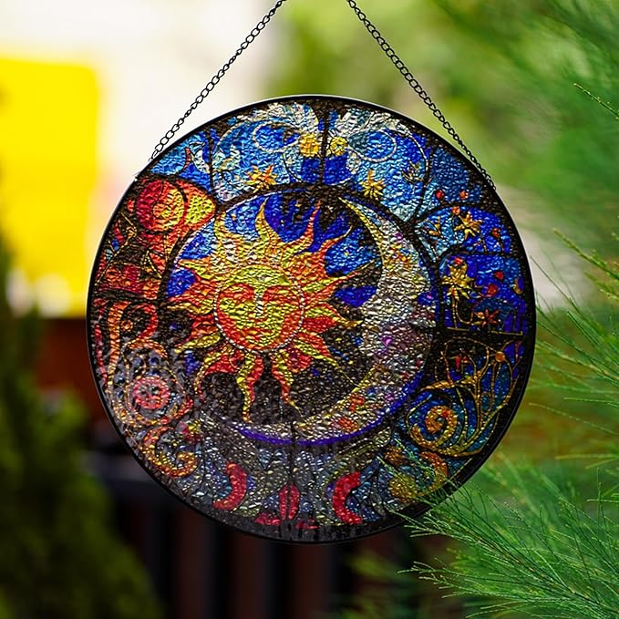 Hanging Stained Glass for Windows,20cm/7.87inch Sun and Moon Hand-Painted Sun Catcher Garden Hangings Christmas Mother's Day, Valentine's Day Ornaments Festival Gift