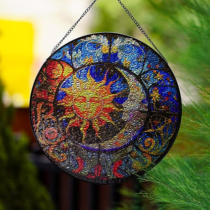Hanging Stained Glass for Windows,20cm/7.87inch Sun and Moon Hand-Painted Sun Catcher Garden Hangings Christmas Mother's Day, Valentine's Day Ornaments Festival Gift