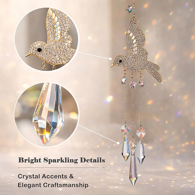 Hummingbird Crystal Suncatcher for Window Hanging, Rainbow Maker Prism Ornament with Hook, Sparkling Sun Catcher Decor for Home, Patio, Garden, Bird Lover Gift (Teardrop Crystal)