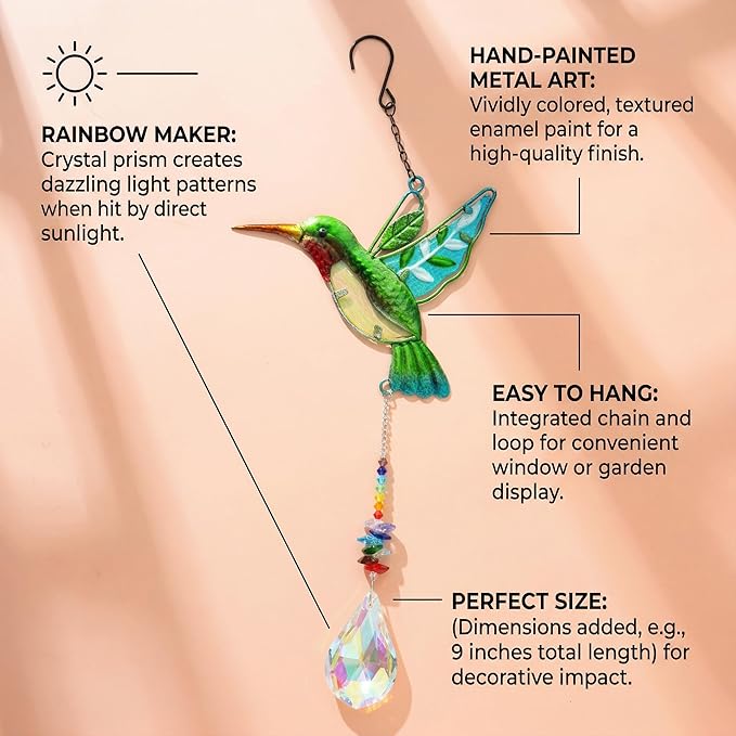 Hummingbird with Crystal Sun Catcher,Stained Glass Bird Suncatchers for Windows Hanging,Crystal Suncatcher Prism Hanging Ornament for Home Garden Party Decoration(Green,Pipa)