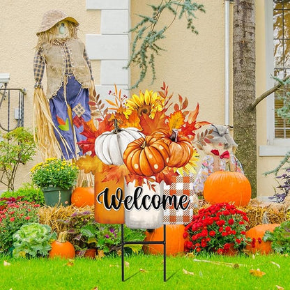 JarThenaAMCS Thanksgiving Pumpkin Metal Garden Stakes Autumn Sunflower Pumpkin Vase Decorative Lawn Sign Fall Welcome Yard Sign for Home Outside Lawn Porch Decor