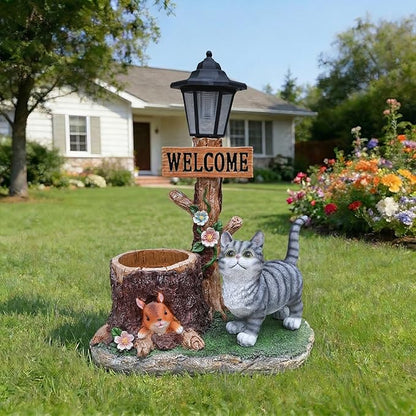 Solar Garden Statue with Planter & Solar Lantern, Outdoor Resin Animal Sculpture, Waterproof Yard Lawn Decor Pot for Succulents, Front Porch Ornament Housewarming Gift (American Shorthair Cat)