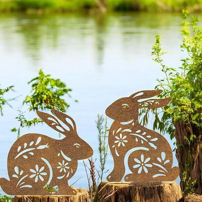 4 Pcs Metal Rabbits Garden Statues, Metal Rusty Yard Art Animals Garden Stakes Rabbit Silhouette,Rabbits Yard Art, Flowerbed Decoration, Outdoor Decor