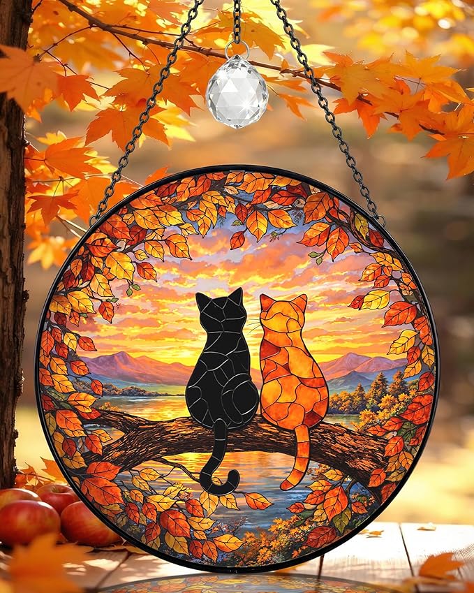 Stained Glass Window Hanging Sun Catcher 7.8 Inch, 2 Cats on a Tree Branch Suncatcher for Home Decor, Birthday Gifts for Women, Gifts for Cat Lovers (Cat Silhouette)