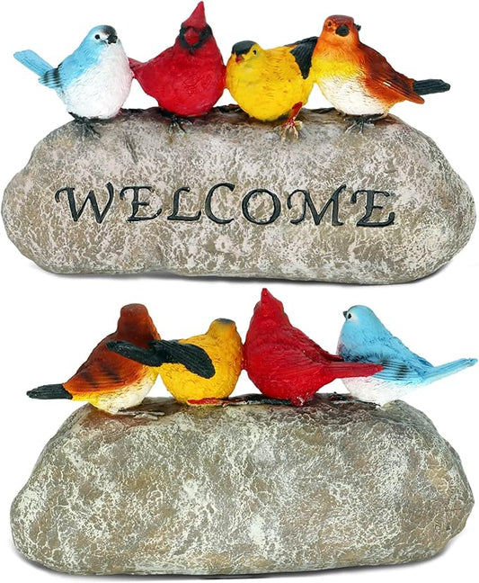 Bird Welcome Sign Stone Statue for Yard Patio Lawn Multicolored Indoor Outdoor Outside Birdy Garden Decor Funny Fairy Ornaments Figurine Home Decorations