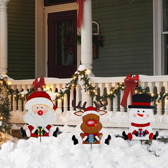 Lulu Home Christmas Yard Signs, 3 Packs Metal Snowman Santa Claus Reindeer Stakes, Xmas Decorative Garden Stakes for Holiday Yard Lawn Outdoor Decoration