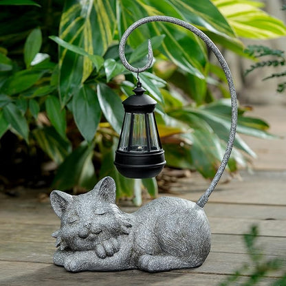 WSgift Outdoor Cat Figurine Garden Statue with Solar-Powered LED Light 13.77 Inches Tall Gift Garden Statue Decor for Cat Lovers Marbled