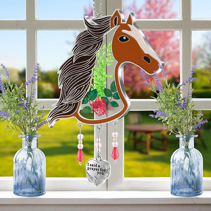KY&BOSAM Horse Head Suncatcher Stained Hand-Painted Prayer for You Suncatchers Ornament hangings Wind Chime with Pressed Flower Horse Embedded in Glass Window Mother`s Day Birthdays