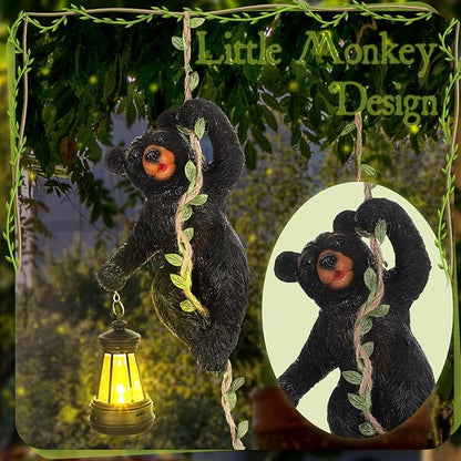 Rossesay 7 Inches Bear Statue Tree Hugger with Solar Light Resin Bear Statue Sign with LED Lantern Waterproof Hanging Figurine with Hook for Christmas Tree Decoration Outdoor Yard Garden(Black)