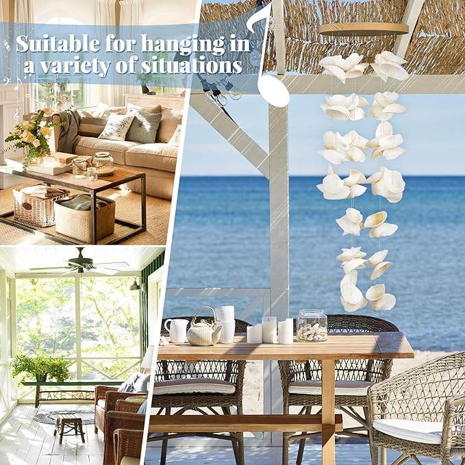 White Sea Shell Wind Chimes for Outside, Handmade Beach Style Windchime for Patio and Garden Decor, Beach & Coastal Decor, Sunroom Decoration, Ocean Themed Party