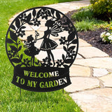 Glitzhome Flower Fairy Decorative Garden Stakes, 30" H Black Metal Silhouette with Welcome to My Garden Banner, Iron Garden Yard Art Decor for Lawn or Wall Decor