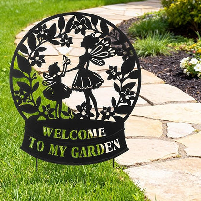 Glitzhome Flower Fairy Decorative Garden Stakes, 30" H Black Metal Silhouette with Welcome to My Garden Banner, Iron Garden Yard Art Decor for Lawn or Wall Decor