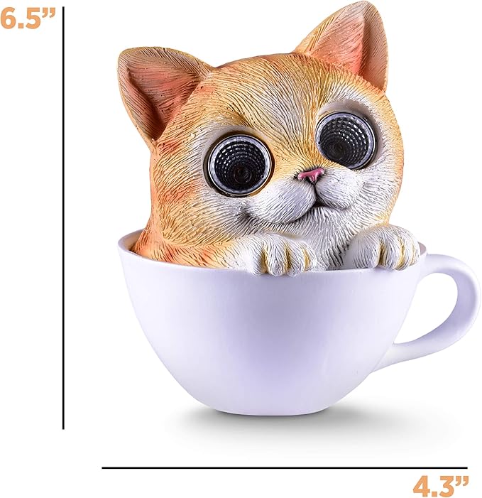 Blazin Cat in Cup Solar Garden Decorations Figurine | Outdoor LED Decor Figure | Light Up Decorative Statue Accents for Yard, Patio, Lawn, or Deck | Great Housewarming Gift Idea (Brown, 1 Pack)