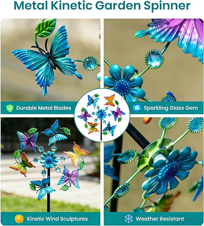 44" Colorful Butterfly Garden Wind Spinners - Metal Outdoor Stakes Kinetic Wind Spinner Windmills Decor, Wind Sculpture Yard Art Decorations for Patio, Lawn & Garden
