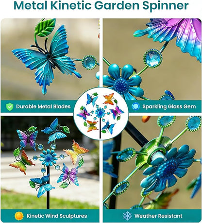 44" Colorful Butterfly Garden Wind Spinners - Metal Outdoor Stakes Kinetic Wind Spinner Windmills Decor, Wind Sculpture Yard Art Decorations for Patio, Lawn & Garden