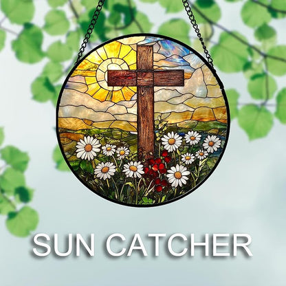 DASTOLL Christian Gifts for Women - Cross Stained Glass Window Hanging Easter Golden Sun Daisy Floral Sun Catcher Garden Religion Decor Mother's Day Catholic Gift for Men Grandma Nana Her 7.8"