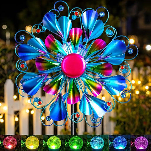 Solar Wind Spinner Outdoor Metal - Peacock Kinetic Garden Sculptures with Color-Changing LED Lights, Waterproof Wind Catchers Yard Art Decor for Patio Lawn, for Women