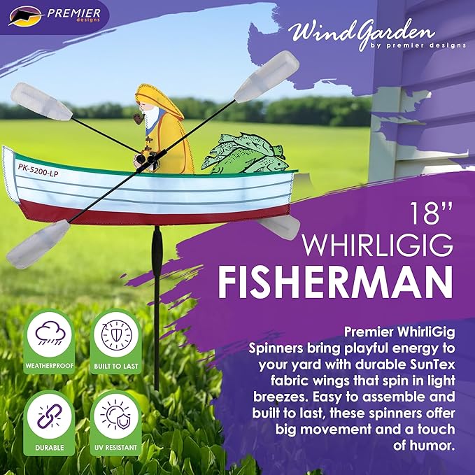 Whirligig Spinner Fisherman 18" – Outdoor Adventure-Themed Design, Weather-Resistant Outdoor Decor, Durable & Lightweight for Patios, Yards, and Gardens - Eye-Catching Wind Spinner
