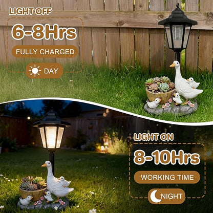 Garden Duck Statues with Solar Lantern Flowerpot Outdoor Decoration, Duck Figurines of resin Art Sculptures for Patio Lawn Backyard Porch Ornaments Unique Housewarming Birthday Gifts for Women Mom