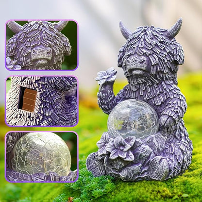 Gray Highland Cow Garden Statue with Solar Crackle Globe Light - Whimsical Resin Figurine for Outdoor Patio, Lawn, Yard Decor, Unique Birthday & Housewarming Gift for Women, Mom, Friends
