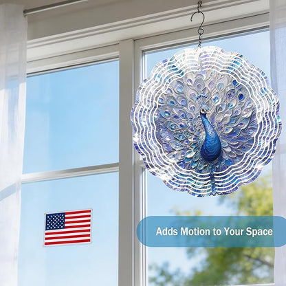 Wind Spinners Blue Peacock Feather Art 9.8 x 9.8 Inch Metal Wind Spinner Outdoor Garden Decor Elegant Bird Illustration Decorative Wind Spinners for Yard Patio