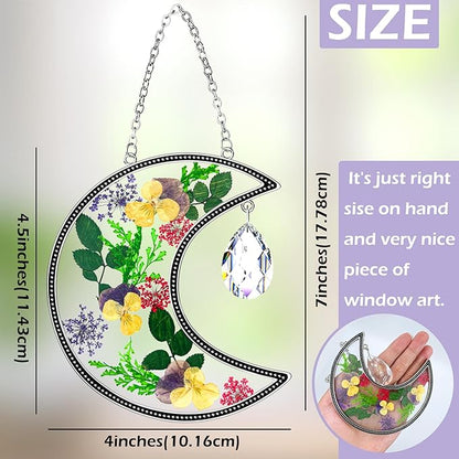 KY&BOSAM Moon Suncatcher Gifts for Mom Family Friends Stained Glass Suncatchers for Windows Hangings Wind Chimes with Real Flower Colorful Crystal Outdoor for Garden Indoor Home Christmas Trees Decor