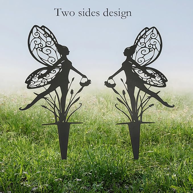 Decorative Garden Stakes， Fairy Garden Stakes, Butterfly Fairy Stakes for Weather Resistant Black Metal Outdoor Decorative Art for Women Gift (Matte Black, 18P-A)