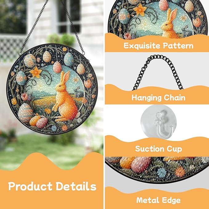 Easter Bunny Stained Glass Window Hanging Suncatcher, Colorful Rabbit with Egg Spring Decor for Home Garden, Animal Glass Art Ornament, Birthday Gift for Women Mom Nana, 7.8 Inch Sun Catcher