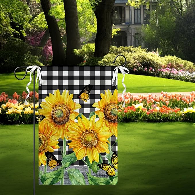 Sunflower Garden Flags Double Sided Black and White Check Garden Flag 12 x 18 In Yellow Summer Flowers Yard Flags for Outdoor Decorations Farmhouse Seasonal Flag for Lawn Outside