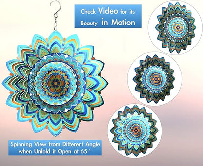 HS's Creation Wind Spinner Hanging Kinetic 19 Gauge 3D Metal with Swivel Hooks Sun Catcher for Outdoor Garden Decoration Handcrafted Art Gift Ornaments Sculpture Mandala Lucky Halo 12 Inch