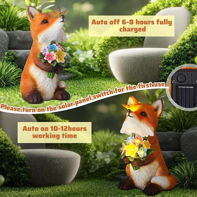 Threehoney Solar Fox Decor for Garden Outdoor Lighted Resin Fox Statue Figurine with LED Light Butterfly Flower Garden Statue for Yard Patio Balcony Women Mom Grandma Mother's Housewarming Gift