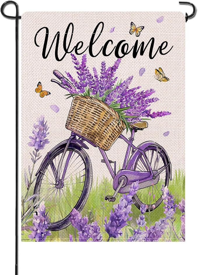 Artofy Welcome Spring Summer Bike Small Decorative Garden Flag, Bicycle Lavender Flower Floral Yard Lawn Outside Decor, Seasonal Butterfly Burlap Outdoor Home Decoration Double Sided 12 x 18