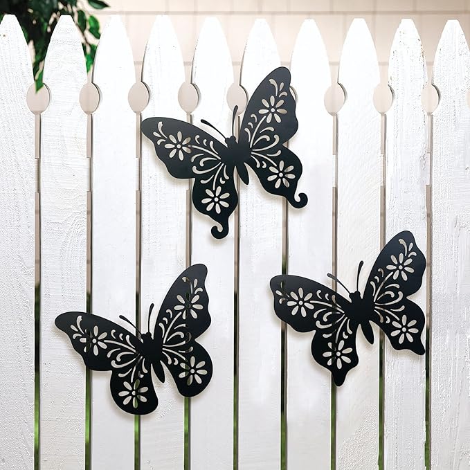VividLadybug Set of 3 butterfly wall decor, Art Wall Decor, the ideal for interior and exterior decor, Yard Art, black Concise Decoration Hanging