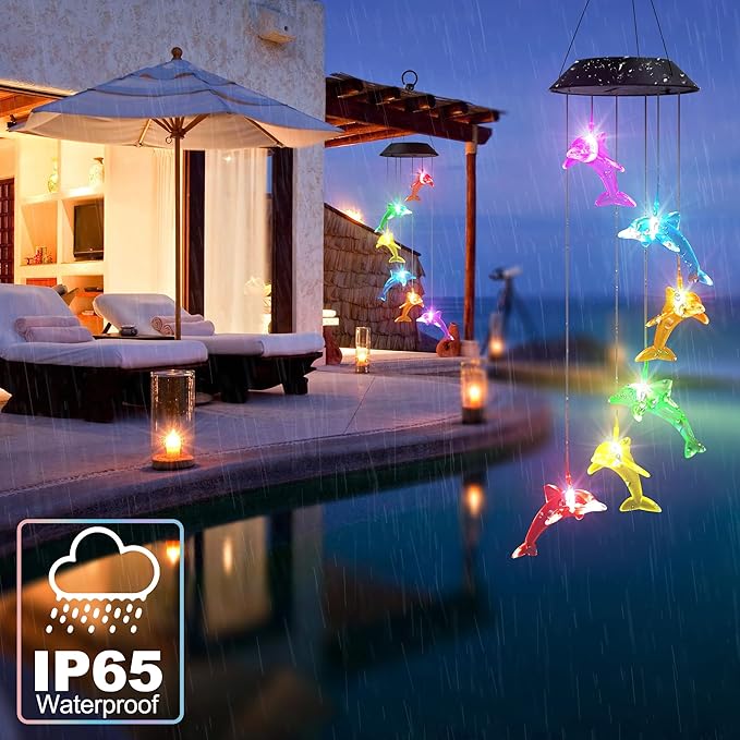 Solar Dolphin Gift for Mom Grandma Girls, Color Changing Wind Chimes for Outside, Solar Outdoor Decorative Mobile Lights for Garden, Yard, Patio, Window, Party, Christmas Decorations