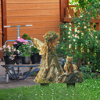 Flower Fairy Garden Stake Decor, 2D Flat Acrylic Elf Garden Sign with Stake, Fairy with Magic Sign for Indoor Outdoor Yard Lawn Balcony Pot Plants (Flower Fairy and Cat)