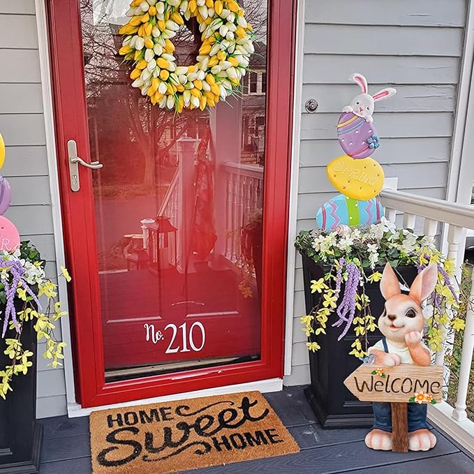 22" Solar Large Rabbit Statue Garden Decor Resin Standing Bunny Statue with Welcome Sign Outdoor Easter Decorations for Porch Patio Lawn Yard Gardening Gifts for Mom Women, Blue Rabbit
