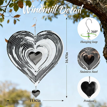 Wind Spinner Garden Decor, for Women, Gifts for Grandma and Mom, 3D Heart 12-Inch Stainless Steel Hanging Yard Spinner for Outdoor & Indoor Metal Decoration, 1 Pack