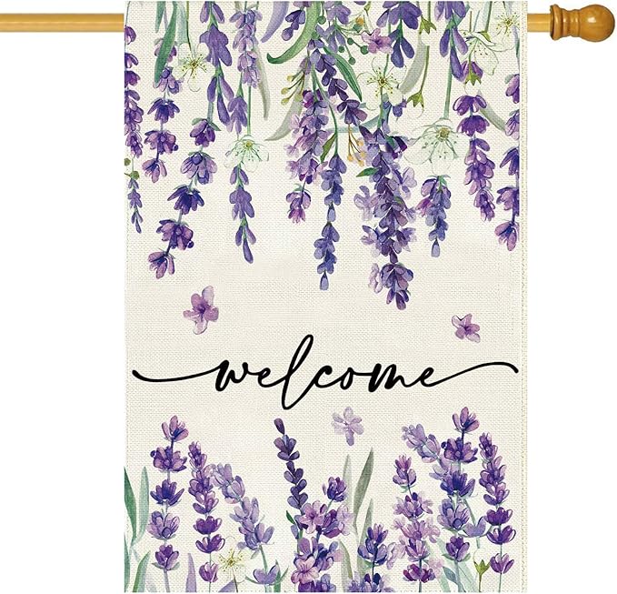 Baccessor Spring Summer Welcome Floral House Flag 28 x 40 Inch Vertical Double Sided Burlap Lavender Purple Flower Farmhouse Easter Yard Flag Holiday Seasonal Yard Outdoor Outside Decoration