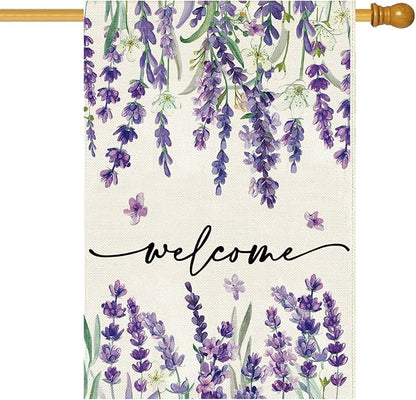 Baccessor Spring Summer Welcome Floral House Flag 28 x 40 Inch Vertical Double Sided Burlap Lavender Purple Flower Farmhouse Easter Yard Flag Holiday Seasonal Yard Outdoor Outside Decoration