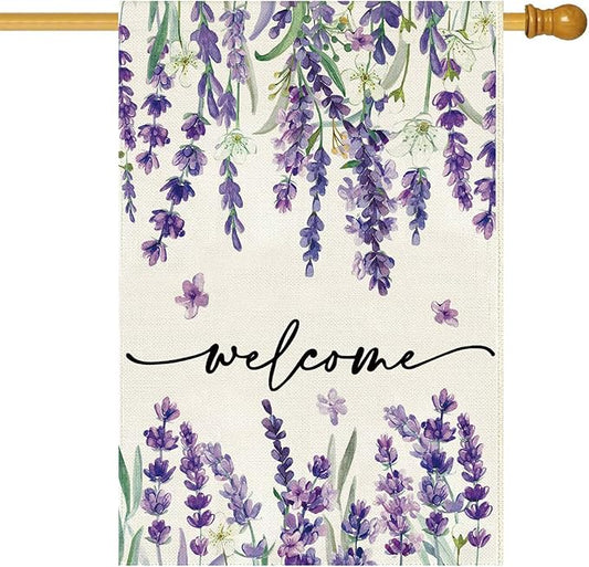 Baccessor Spring Summer Welcome Floral House Flag 28 x 40 Inch Vertical Double Sided Burlap Lavender Purple Flower Farmhouse Easter Yard Flag Holiday Seasonal Yard Outdoor Outside Decoration