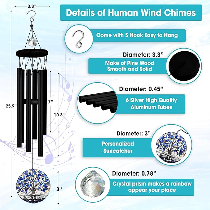 Personalized Wedding Gifts for The Couple, Custom Crystal Tree of Life Wind Chime, Suncatcher Ornament Outdoor Chimes Hanging, Mother's Day Birthday Gifts for Women, Grandma, Nana Garden Décor