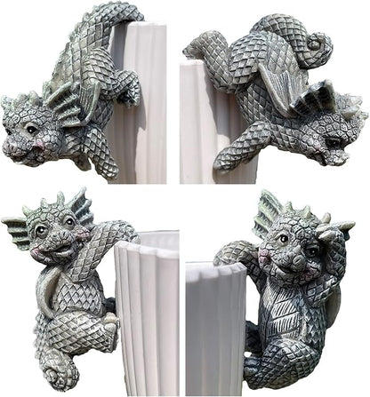 4 PCS Cute Dragon Figurines, Hanging Animal Statue for Planter Pot, Resin Climbing Sculpture Flower Pot and Vase Hugger for Patio Lawn Yard Ornaments