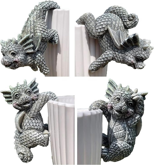 4 PCS Cute Dragon Figurines, Hanging Animal Statue for Planter Pot, Resin Climbing Sculpture Flower Pot and Vase Hugger for Patio Lawn Yard Ornaments