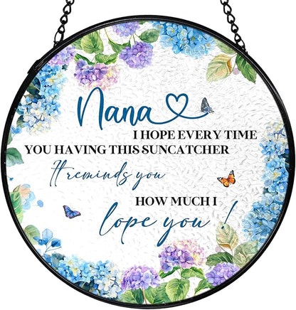 Nana Gifts Suncatchers Stained Glass Window Hanging, Nana Gifts for Mother's Day from Grandkids Sun Catchers Indoor Window, Best Grandma Gift, 7.9x7.9in